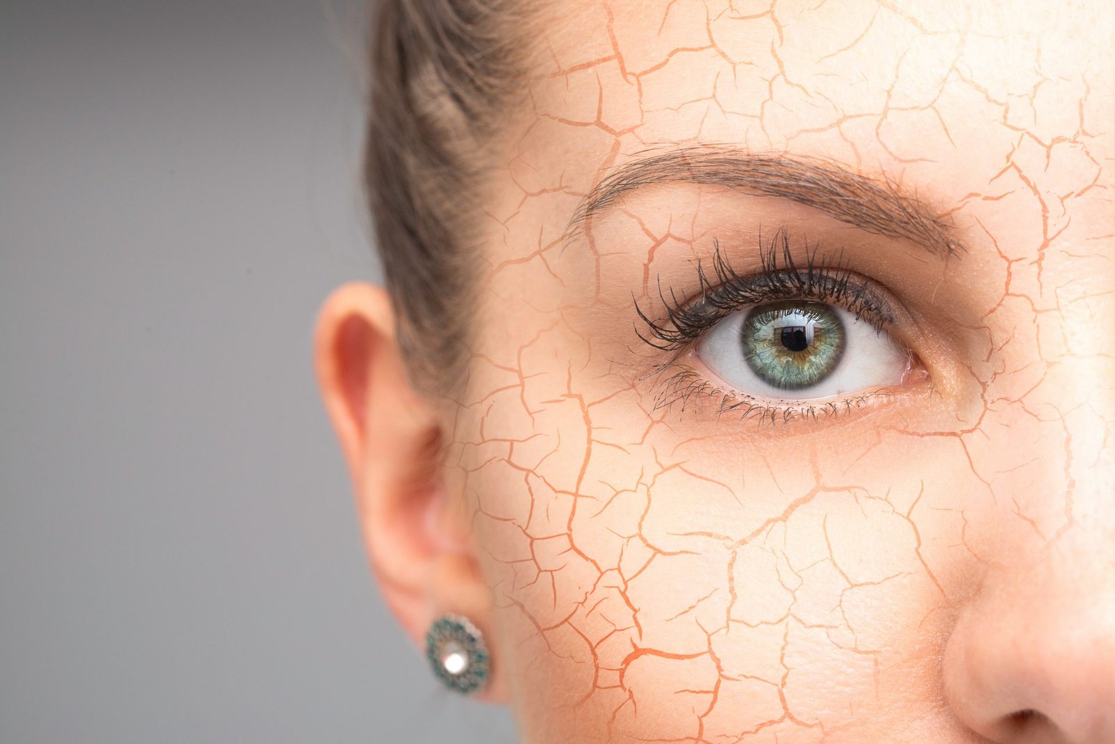 primo piano di viso di donna con effetti sulla pelle di invecchiamento. Concetto di glicazione