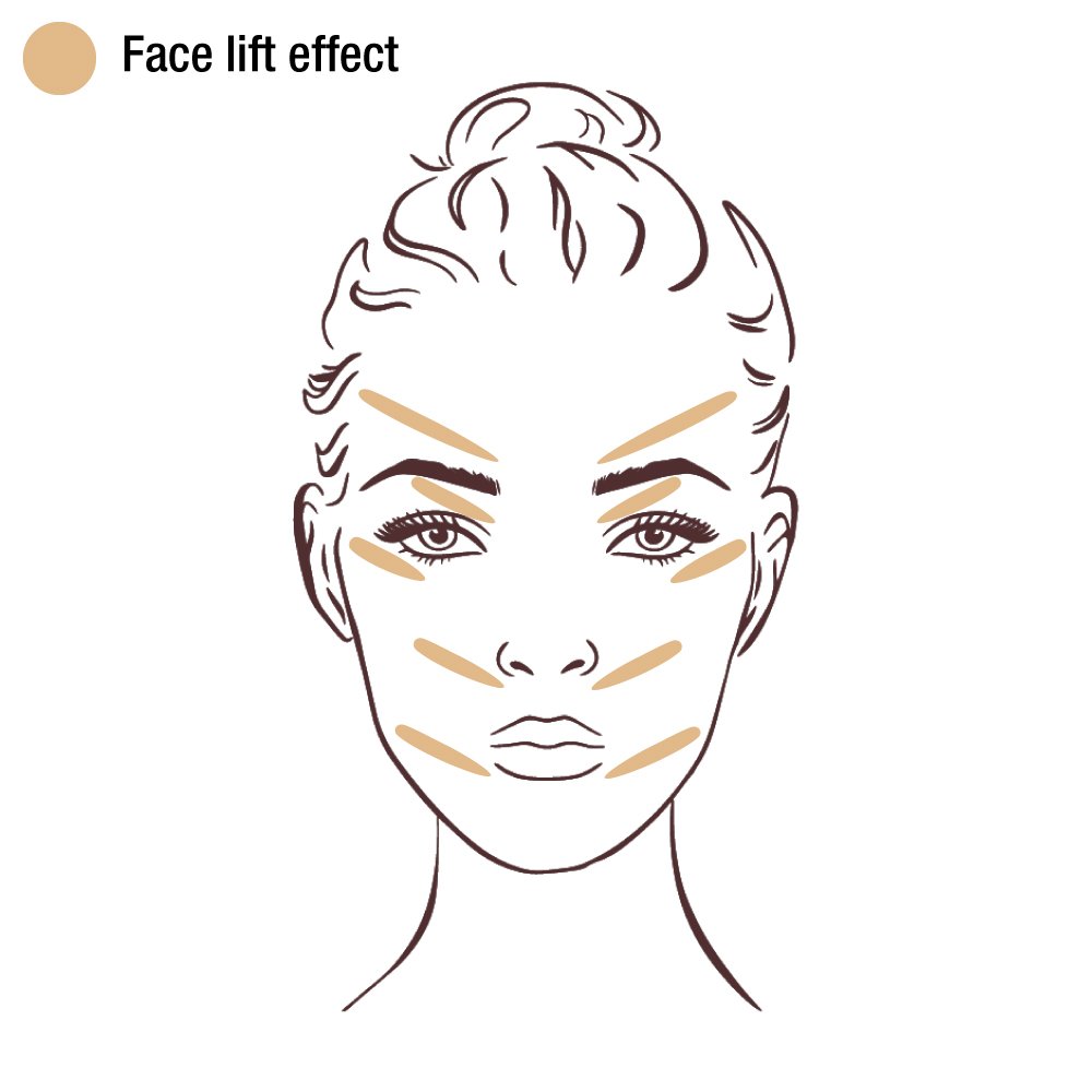 disegno di viso di donna (face chart) con capelli raccolti dove sono evidenziati i punti in cui applicare il correttore per ottenere una base viso naturale