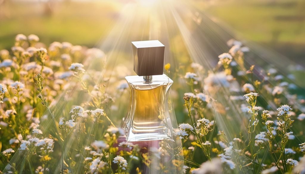 boccetta di profumo illuminta dai raggi solari in un campo con fiori 
