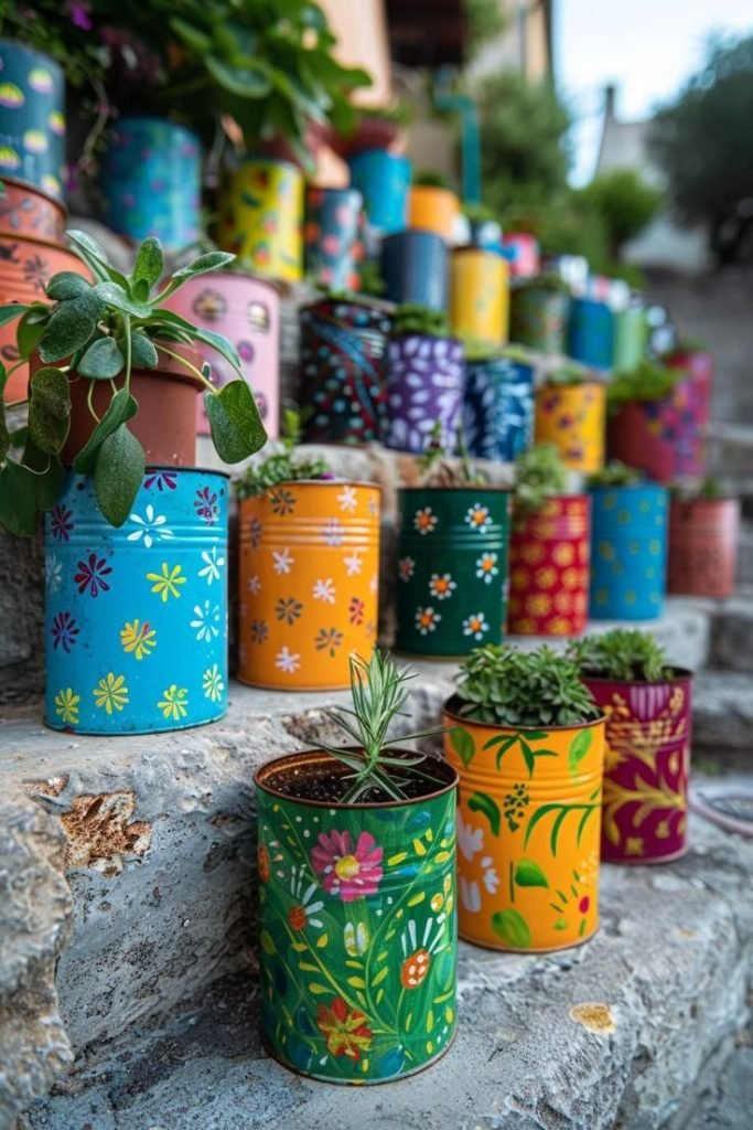 spunto creativo su come arredare il balcone in primavera con i barattoli colorati riciclati