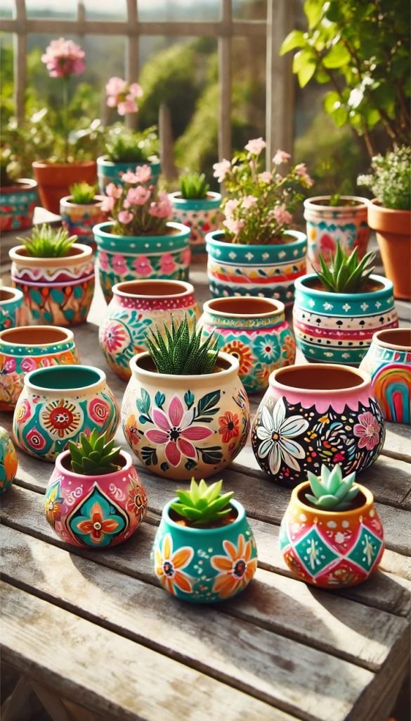 spunto creativo su come arredare il balcone in primavera con i vasi di fiori ridipinti