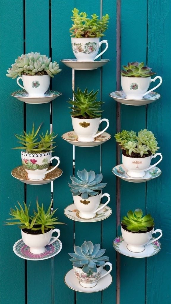 spunti creativi su come arredare il balcone in primavera con i cactus e le succulente nelle tazze da te