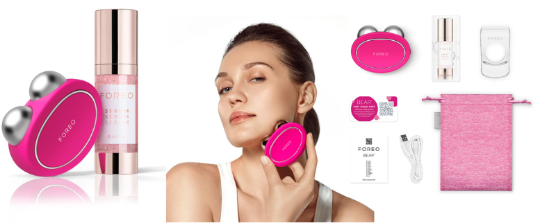 DONNA CHE USA dispositivo skincare FOREO BEAR e mostra Risultati con microcorrente e nanocorrente
