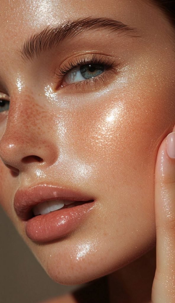 ragazza con occhi azzurri e con makeup naturale con pelle luminosissima grazie a primer illuminanti