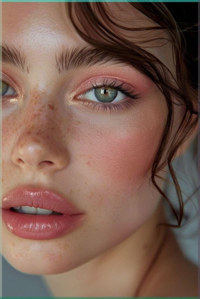 ragazza con makeup naturale sui toni del pesca realizzato con primer illuminanti