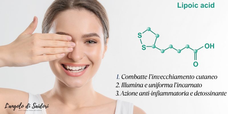 ragazza ritratta a mezzo busto che sorride e si copre occhio con la mano e accanto formula dell' acido alfa lipoico e elenco dei benefici per la pelle