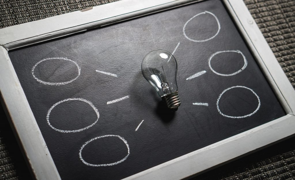 concetto di come essere più produttivi: avagna con una lampadina posata sopra al centro e lo schema di idee che da essa derivano