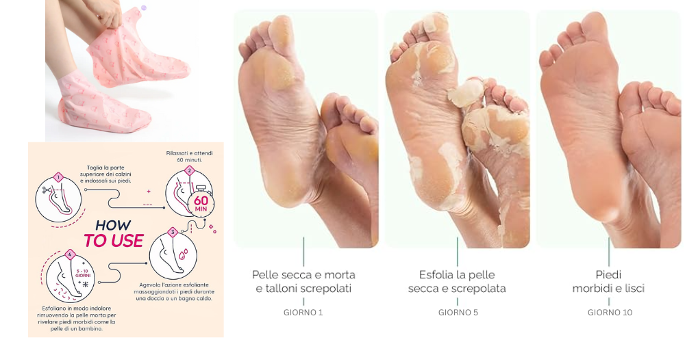 Info grafica sul modo di usare e di azione delle maschere piedi calzino per la pedicure fai da te 