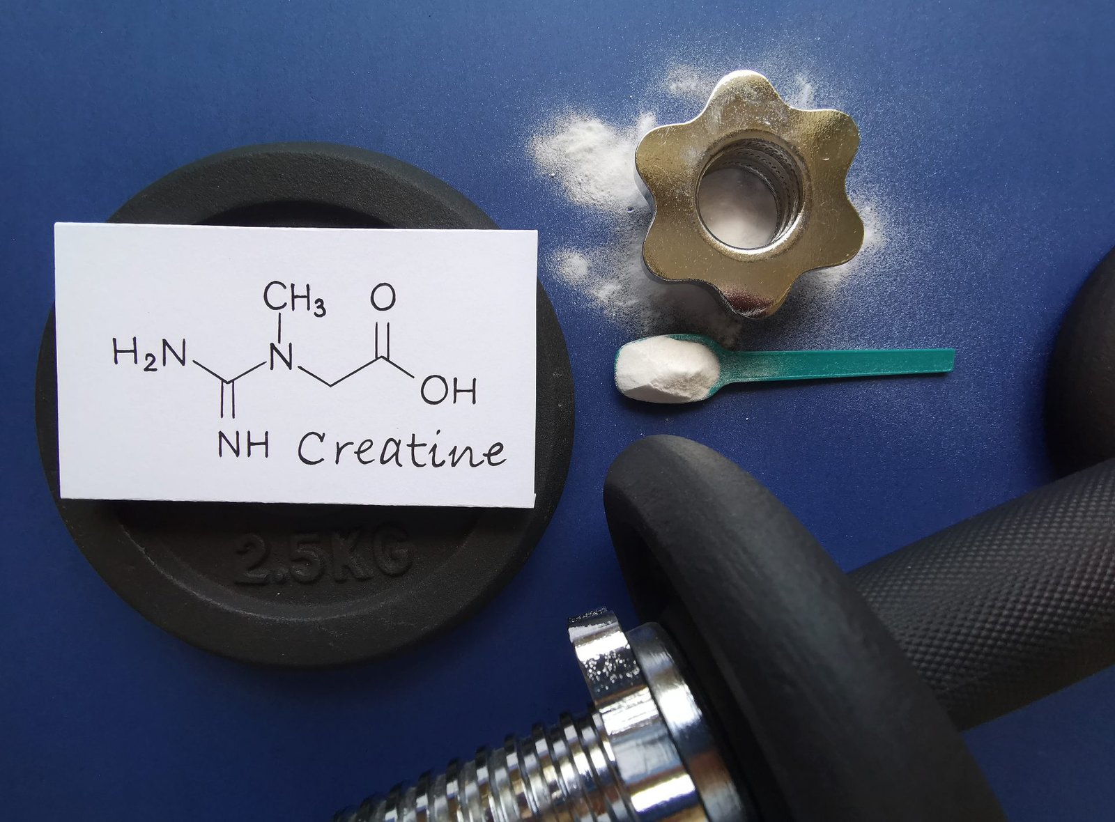 immagine illustrativa della creatina , formula chimica scritta su un foglio posato su attrezzi da palestra con accanto un dosatore con della creatina in polvere. Concetto di creatina cosa è