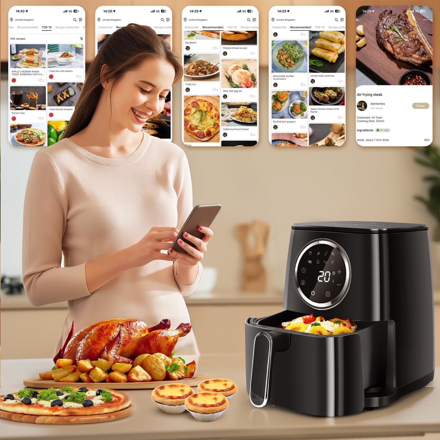 Friggitrice ad aria vs Forno Ventilato: ragazza che guarda sul cellulare le possibili ricette che puo fare con la friggitrice. Sul tavolo la friggitrice e alcuni piatti cucinati. Sullo sfondo le pagine dell'app con cui funziona la friggitrice 