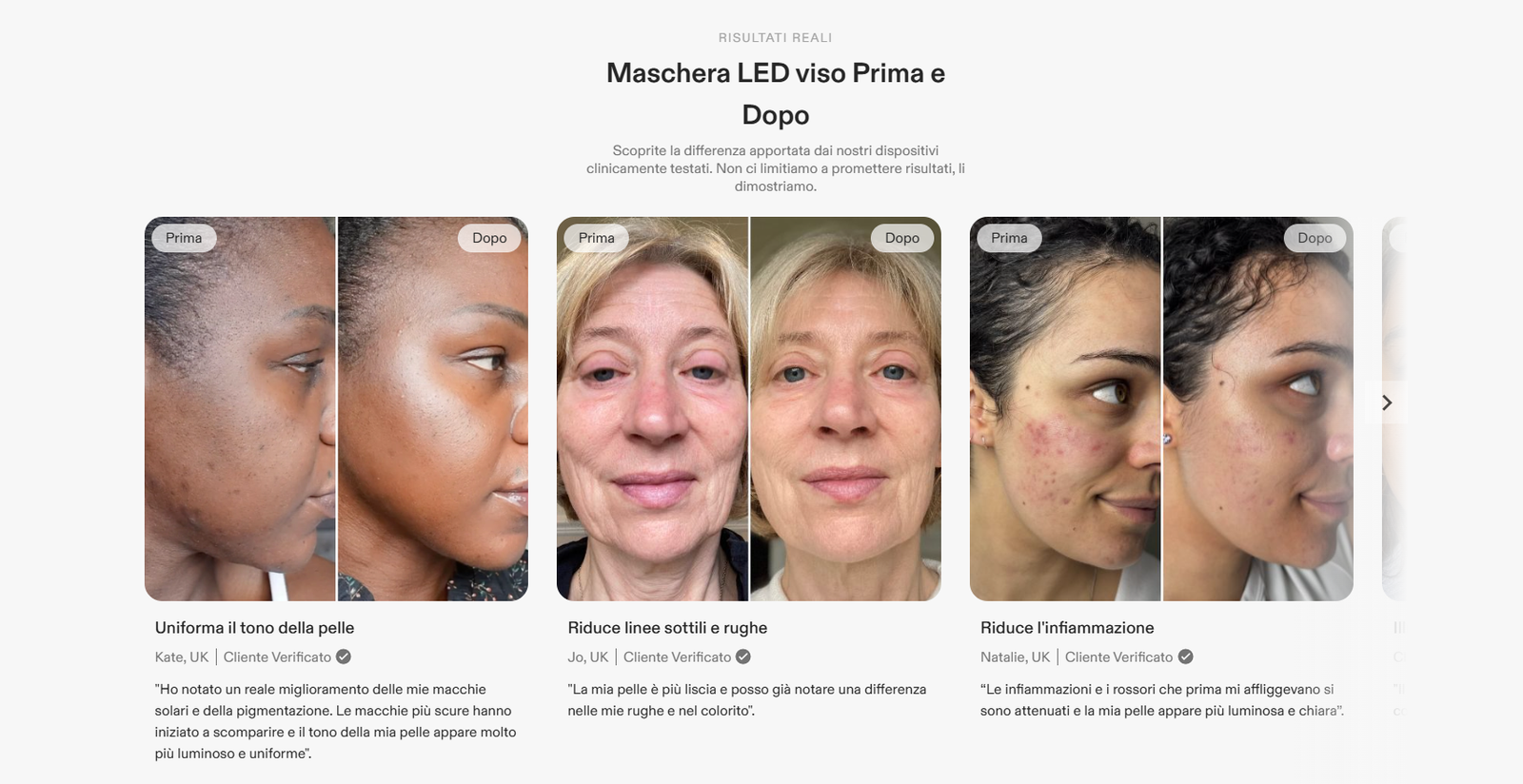 Prima e dopo su vari visi, della apllicazione della maschera led currentbody 4 in 1- concetto maschere led viso funzionano davvero