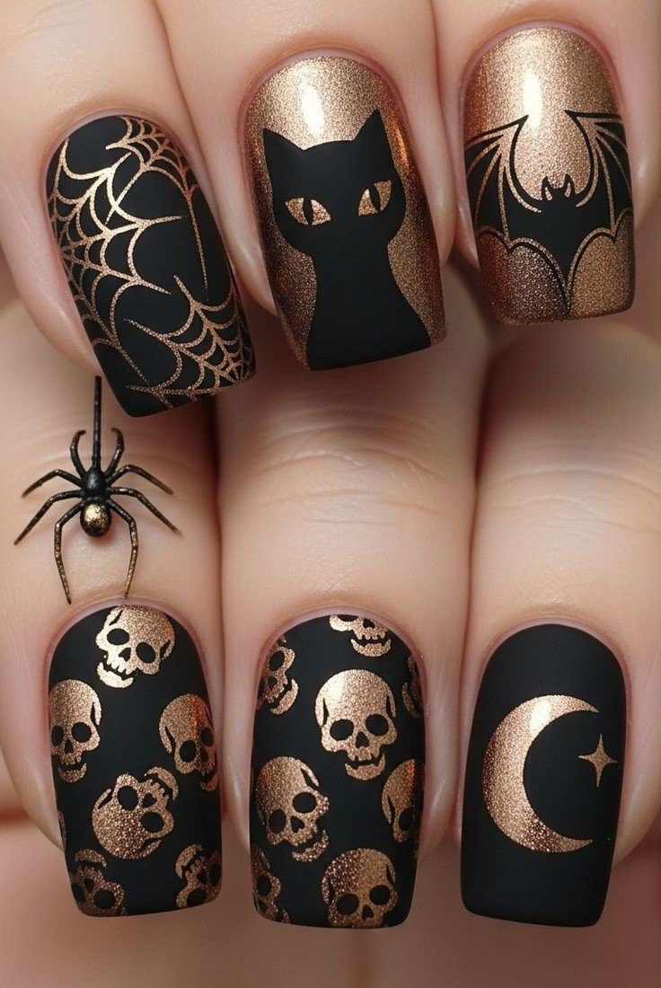 idee unghie halloween nere e oro con gatti