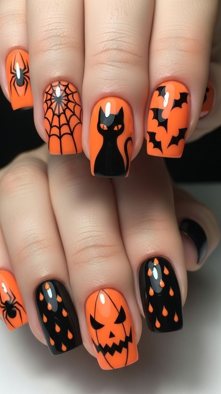 unghie halloween arancioni e nere