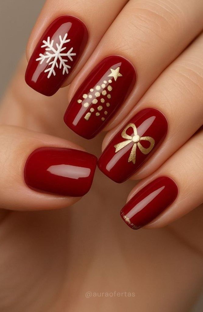 Idee Unghie Rosse Natalizie con Piccoli Dettagli Oro