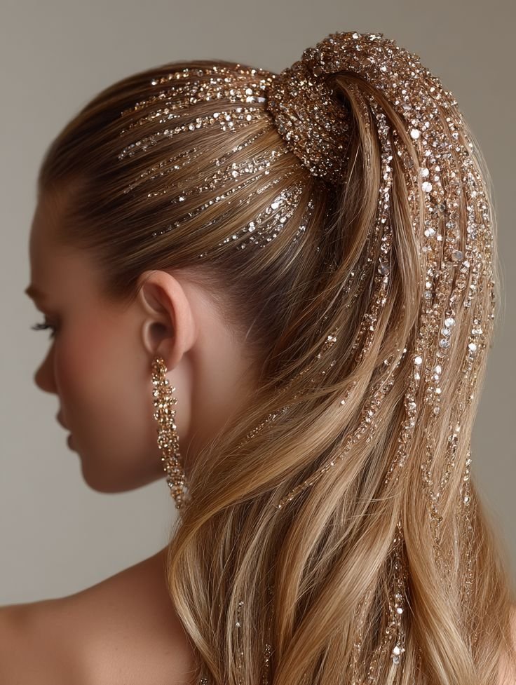 acconciature natalizie semplici: coda alta volumizzata con glitter 