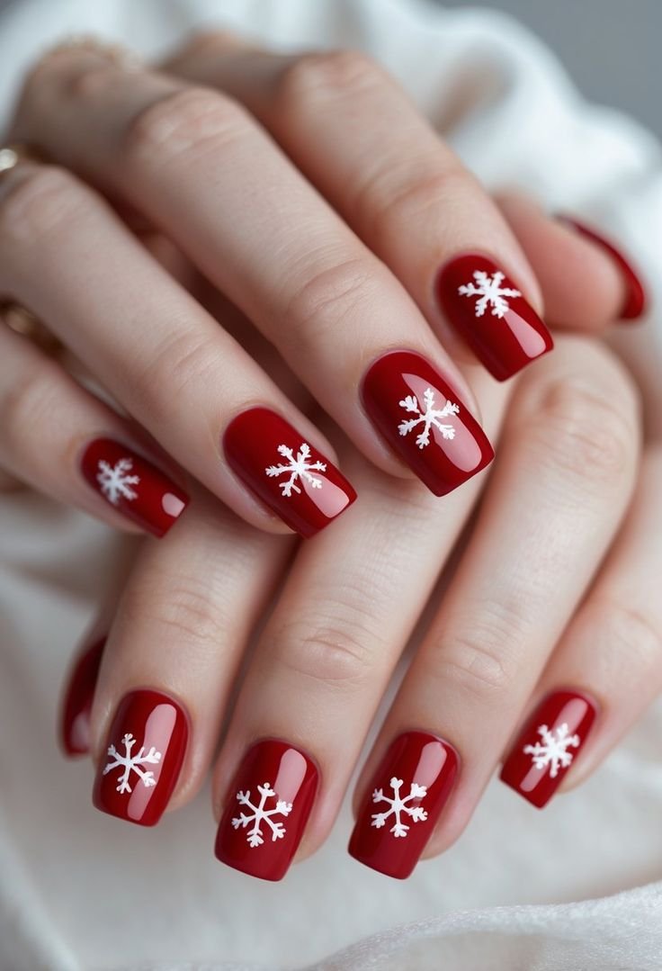Unghie Rosse Natalizie con Fiocchi di neve
