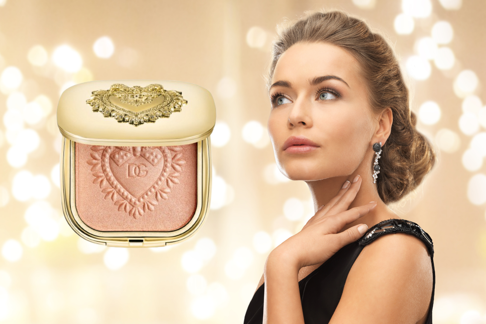 Makeup lussuoso per Natale immagine di donna elegante con blush di dolce e gabbana 