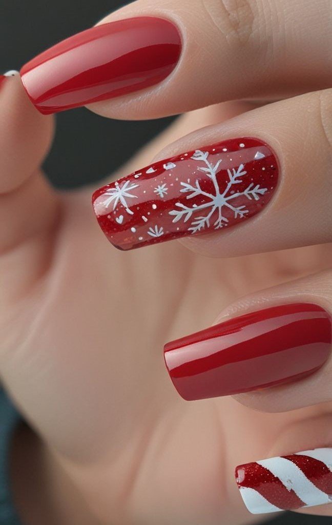 Idee Unghie Rosse Natalizie con Fiocchi di neve