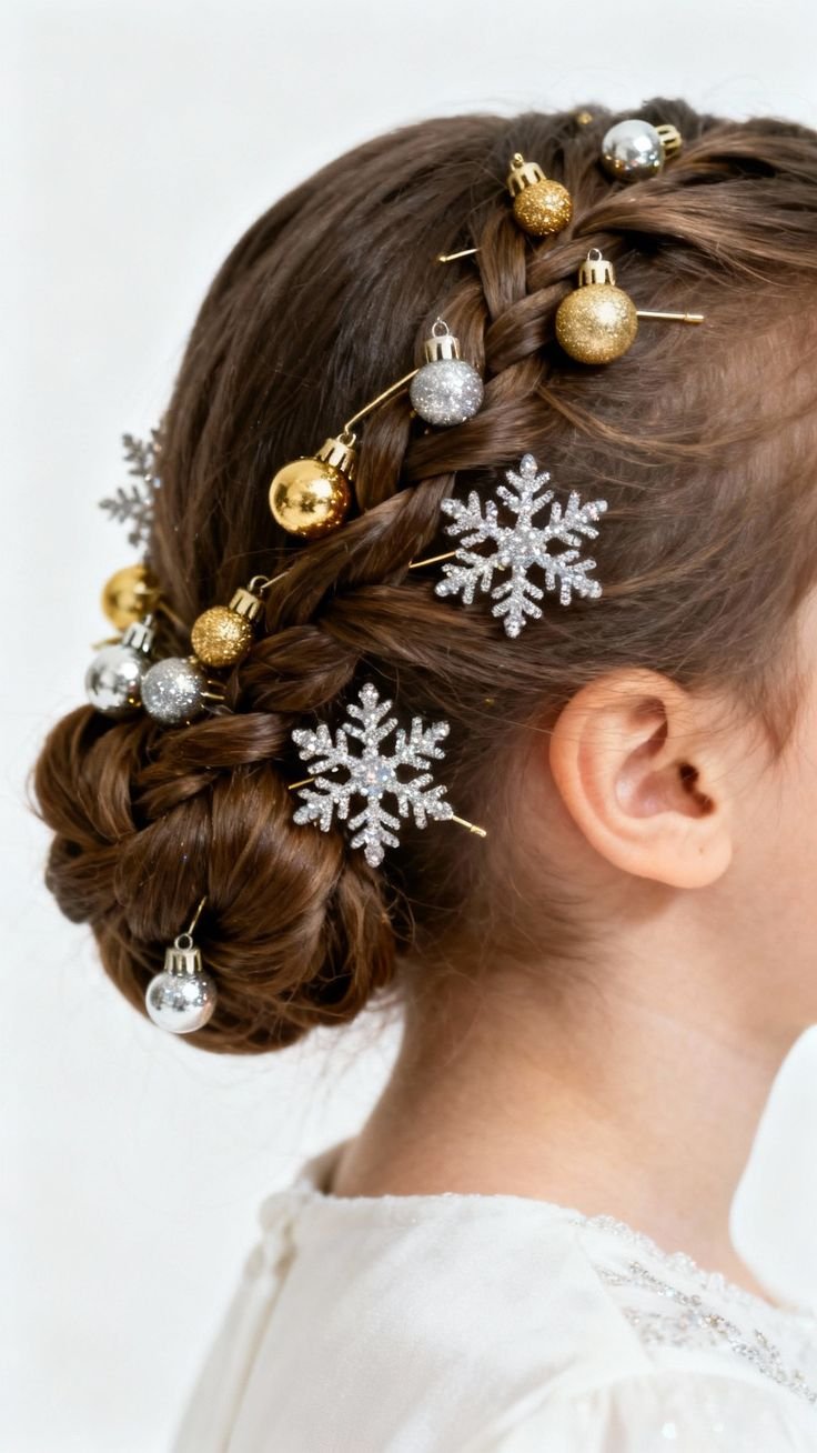 acconciature natalizie semplici: chignon basso con fermagli natalizi