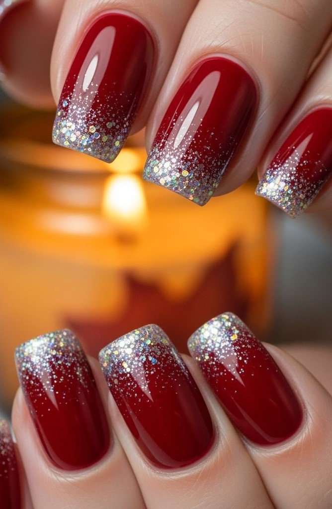 Idee Unghie Rosse Natalizie con Micro Glitter