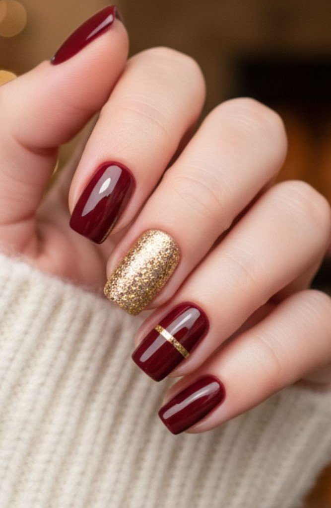 Idee Unghie Rosse Natalizie con Piccoli Dettagli Oro