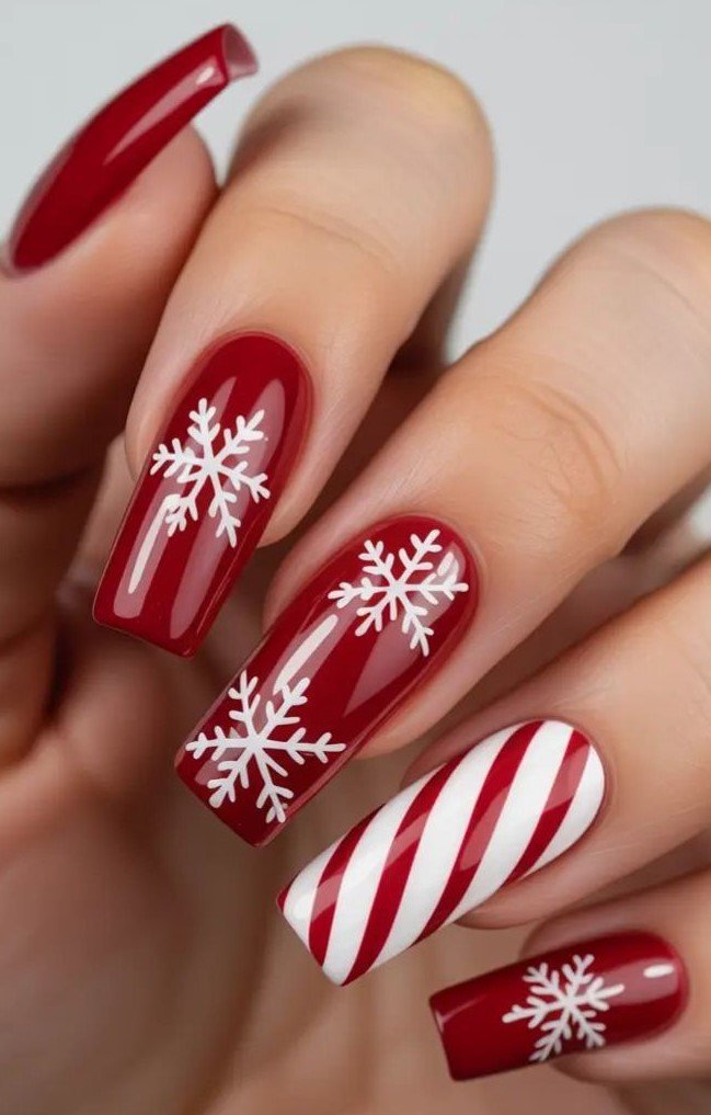 Idee Unghie Rosse Natalizie con Fiocchi di neve