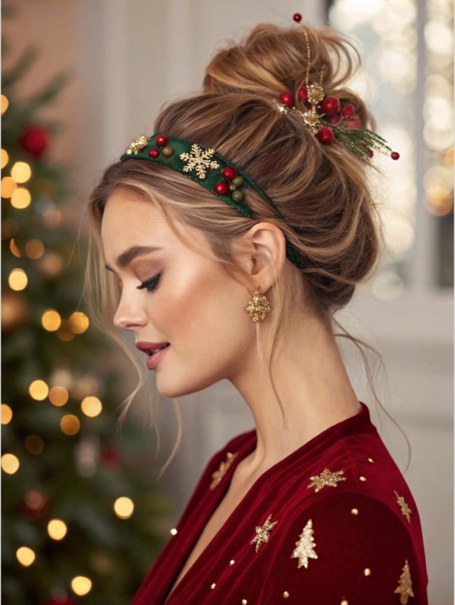 acconciature natalizie semplici: capelli mossi raccolti con decorazioni natalizie 