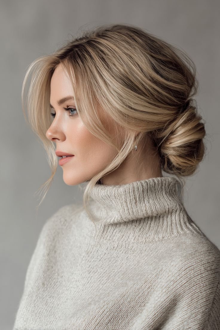 acconciature natalizie semplici: chignon basso morbido 