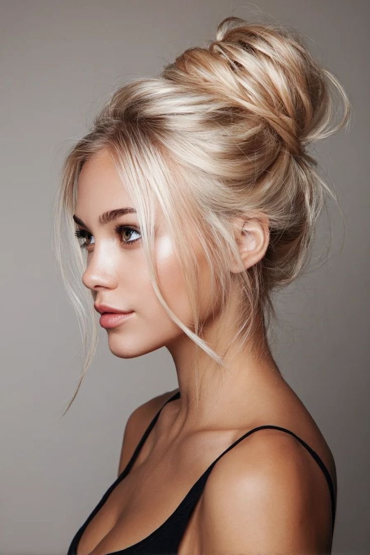 acconciature natalizie semplici: chignon alto morbido 