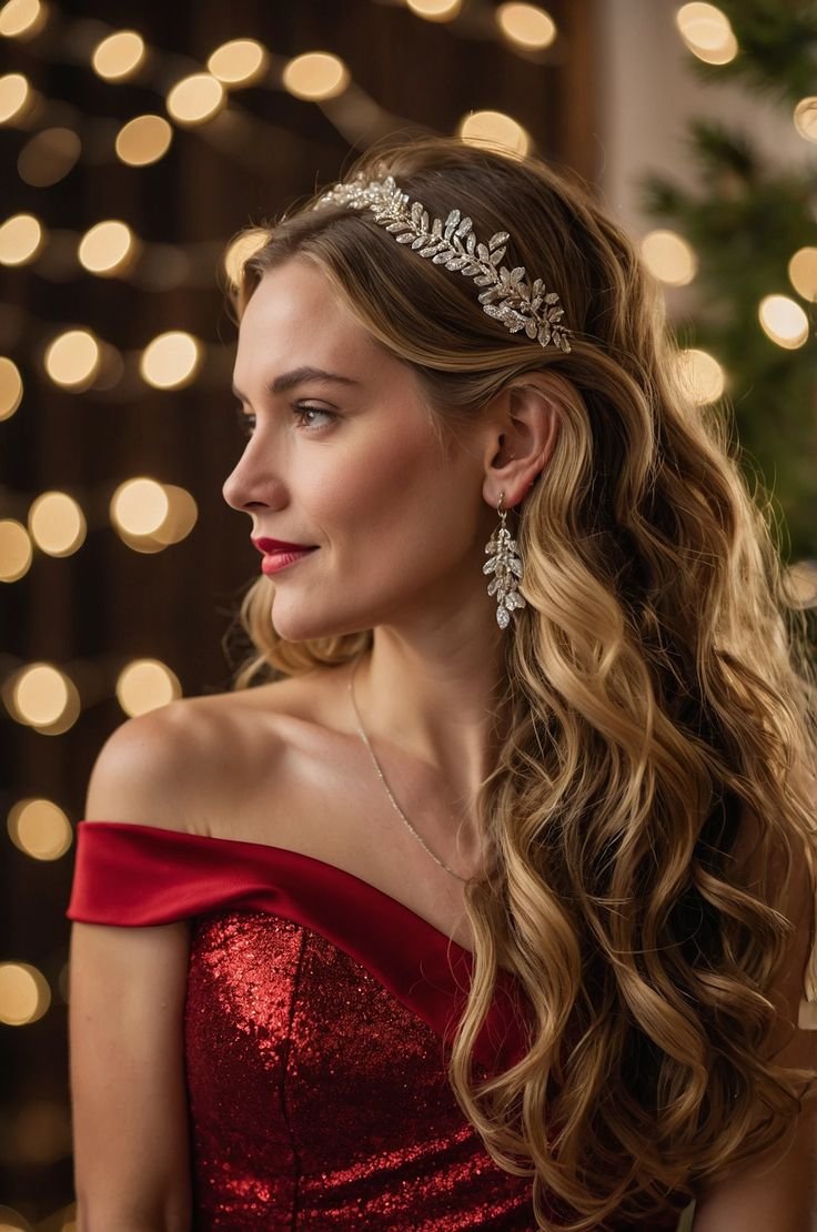 acconciature natalizie semplici: capelli mossi con cerchietto natalizio