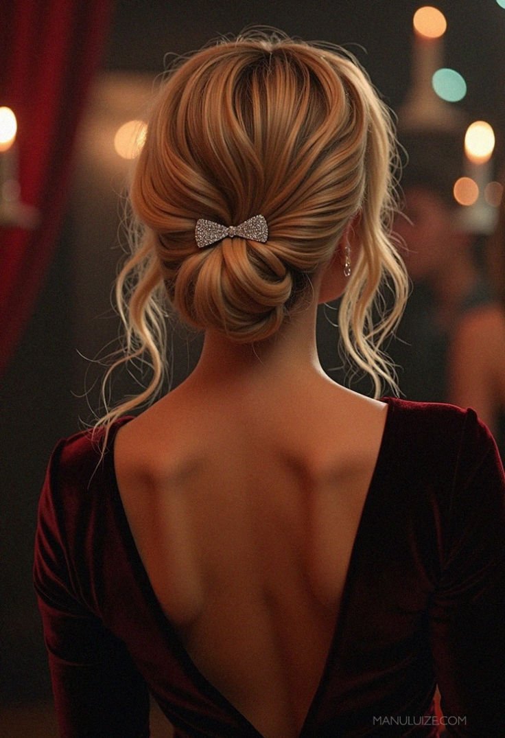 acconciature natalizie semplici: chignon morbido basso con fermaglio a fiocco in strass 