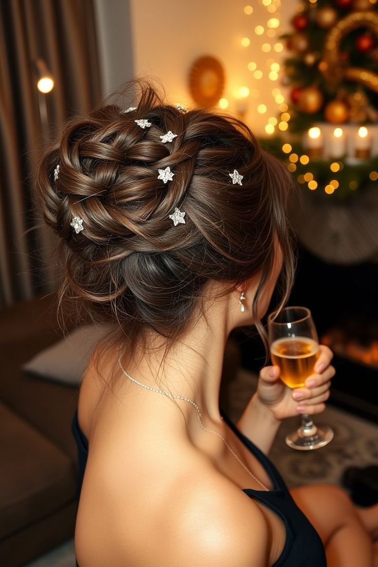 acconciatura per capodanno. raccolto intrecciato elegante 