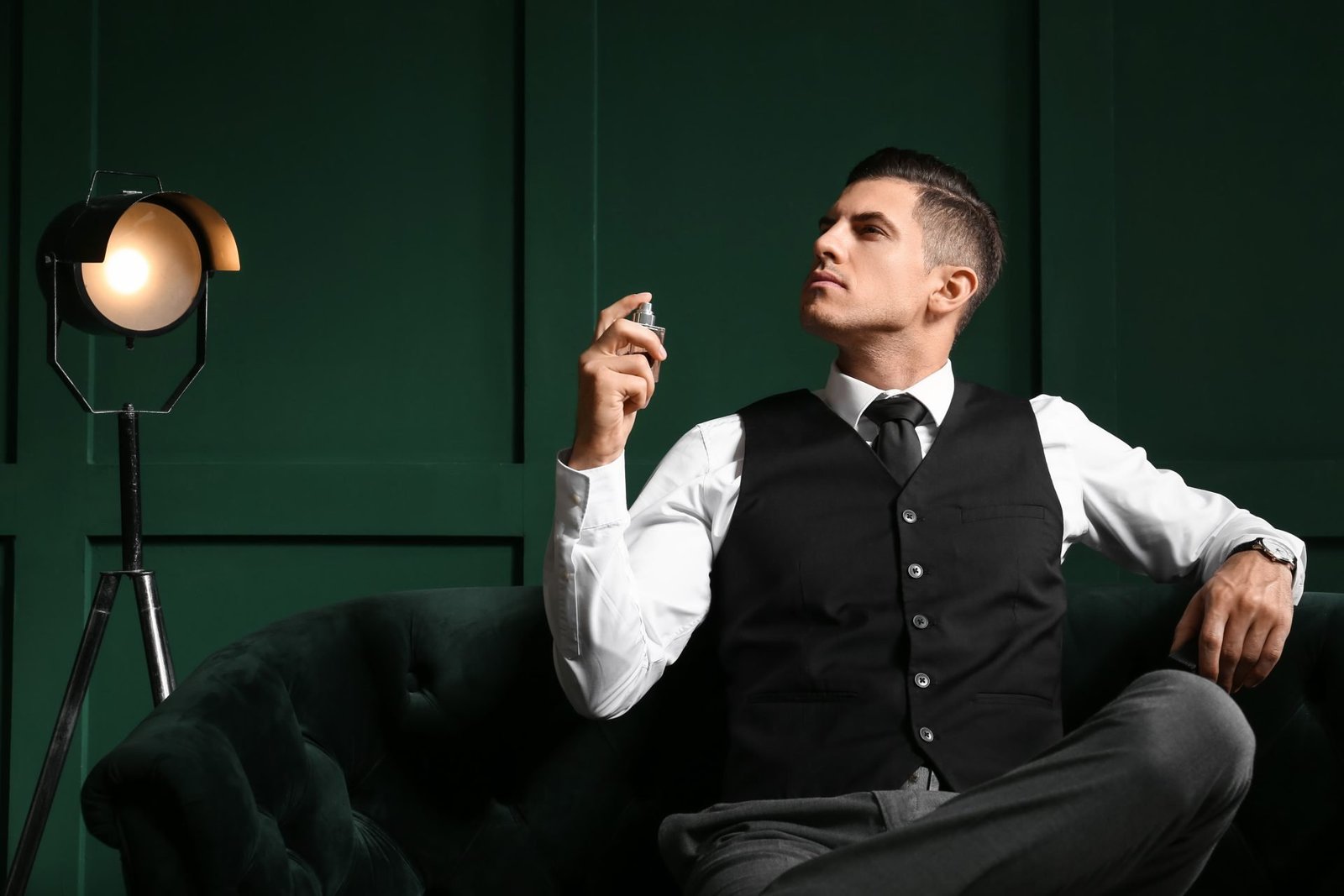 Un giovane uomo in abiti formali è seduto sul divano e si spruzza il profumo - tema migliori profumi uomo da regalare a san valentino