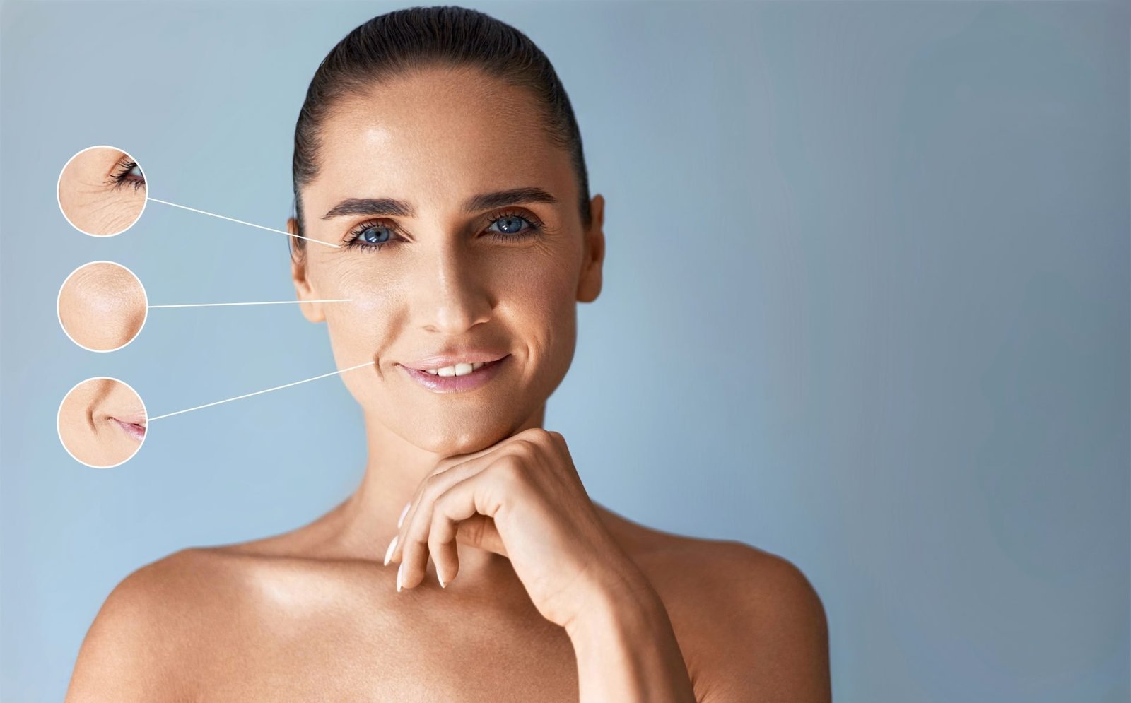 Concetto di processo di invecchiamento. Ritratto di bellezza e cura della pelle di una bellissima donna anziana che tocca la sua pelle perfetta. Primi piani di rughe e imperfezioni della pelle sul viso di una donna matura. Correttori economici per pelle matura