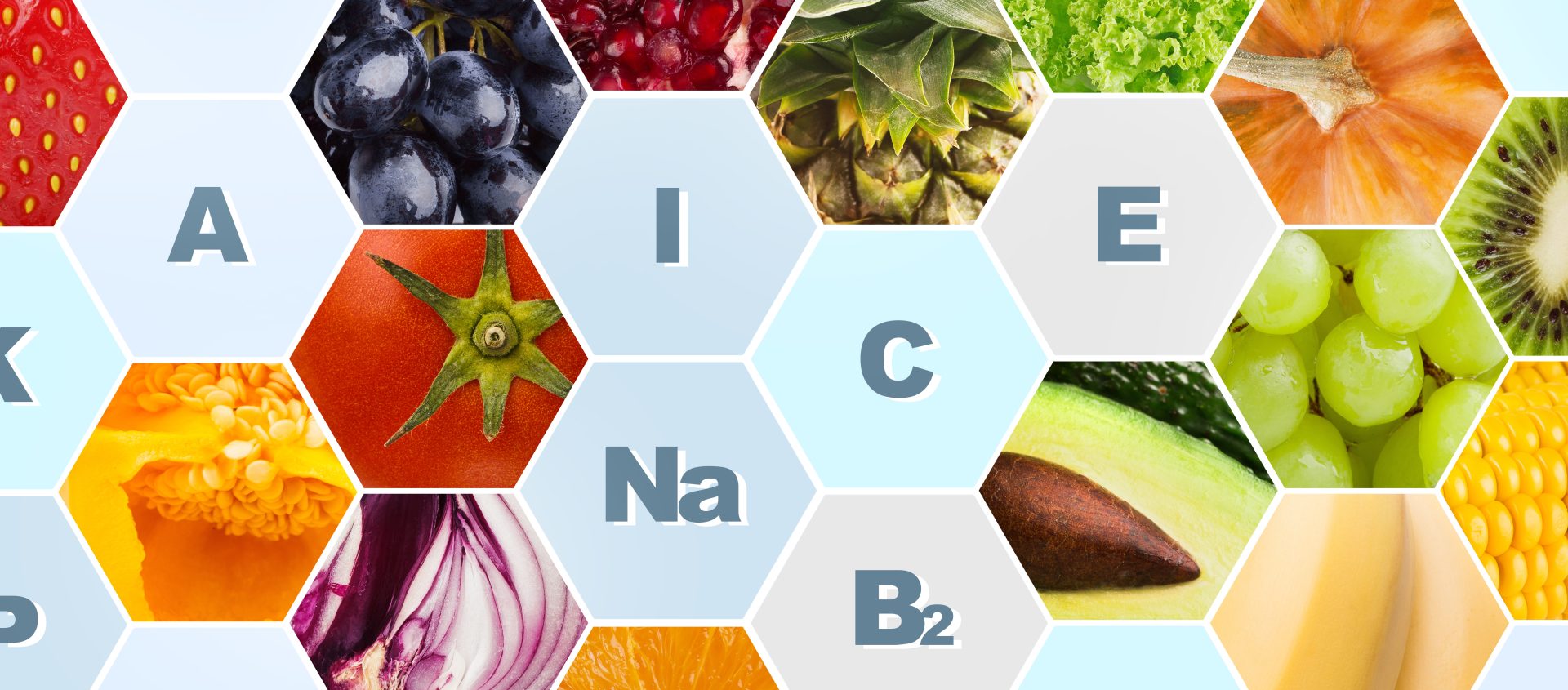 Vitamine e minerali nella frutta e nella verdura sullo sfondo, panorama. concetto di quando sono necessari i multivitaminici 
