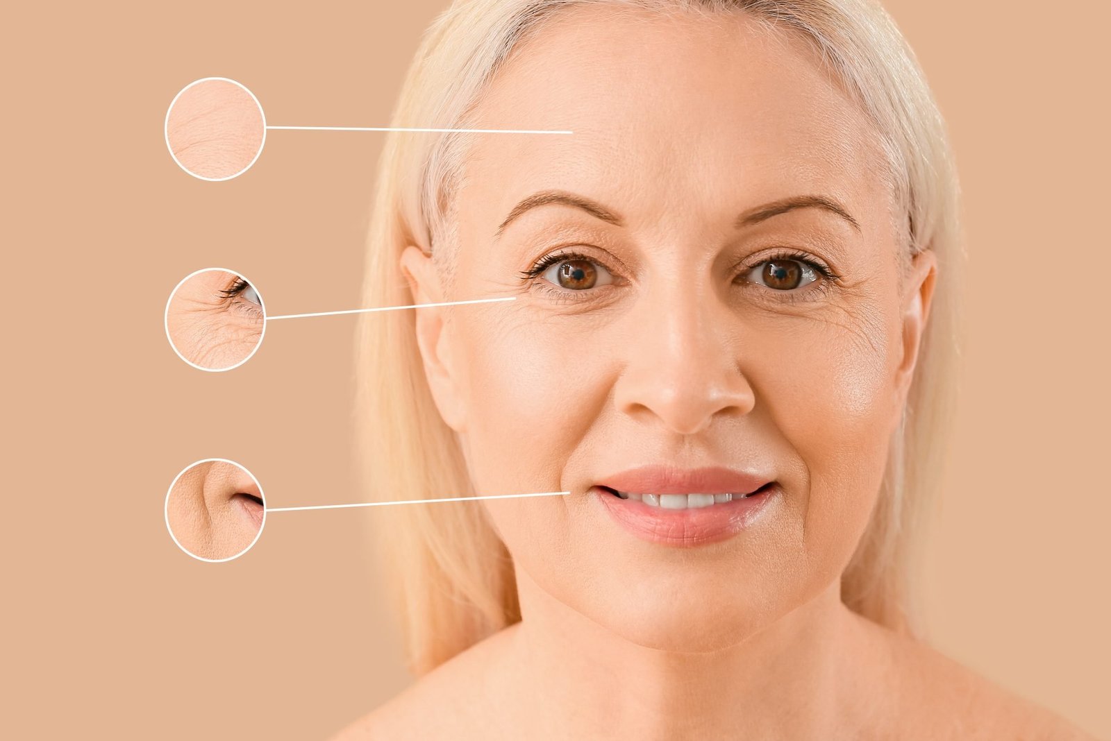 Donna matura e vista ravvicinata della sua texture cutanea su sfondo beige. concetto di Trucco pelle matura