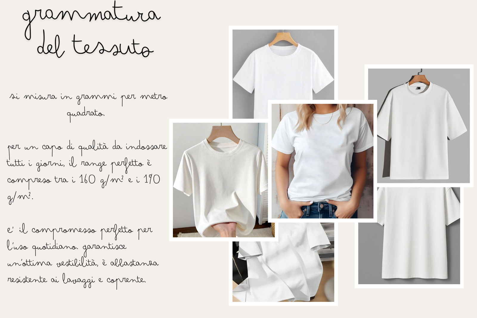 Infografica sulle caratteristiche della grammatura del cotone della tshirt bianca perfetta
