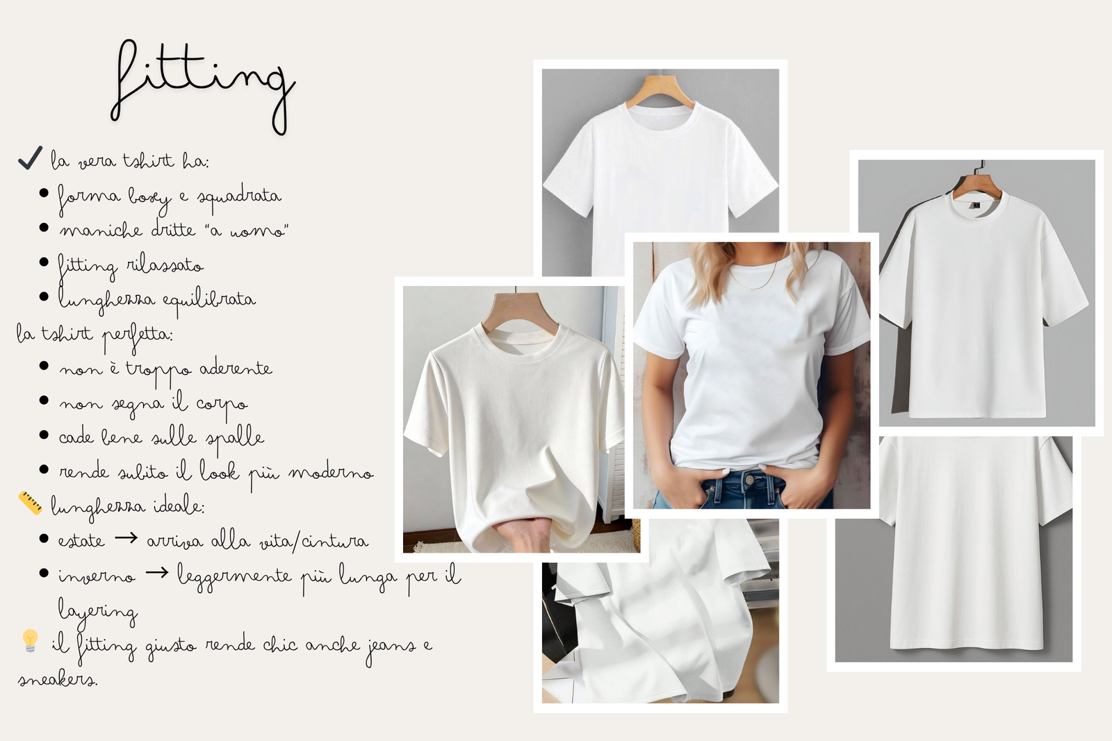 Infografica sulle caratteristiche del fitting della tshirt bianca perfetta
