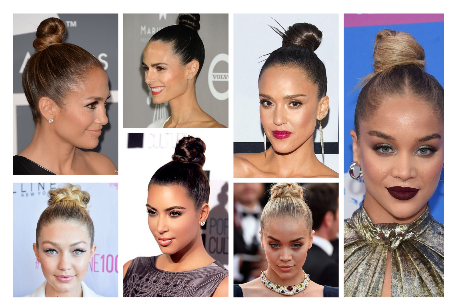collage foto di Celebrities che usano il beauty hack del lifting viso con i capelli