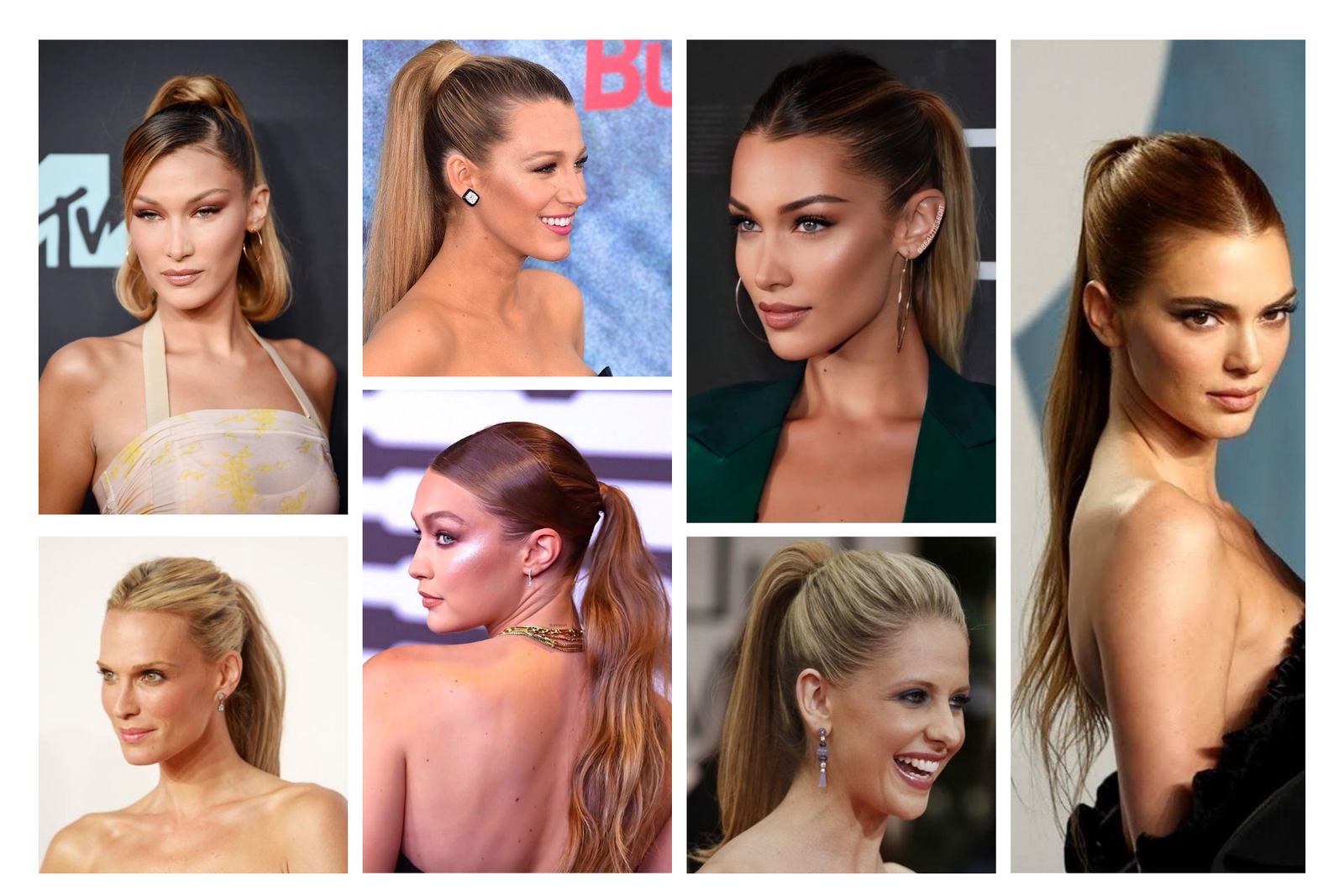 collage photo di Celebrities che usano il beauty hack del lifting viso con i capelli