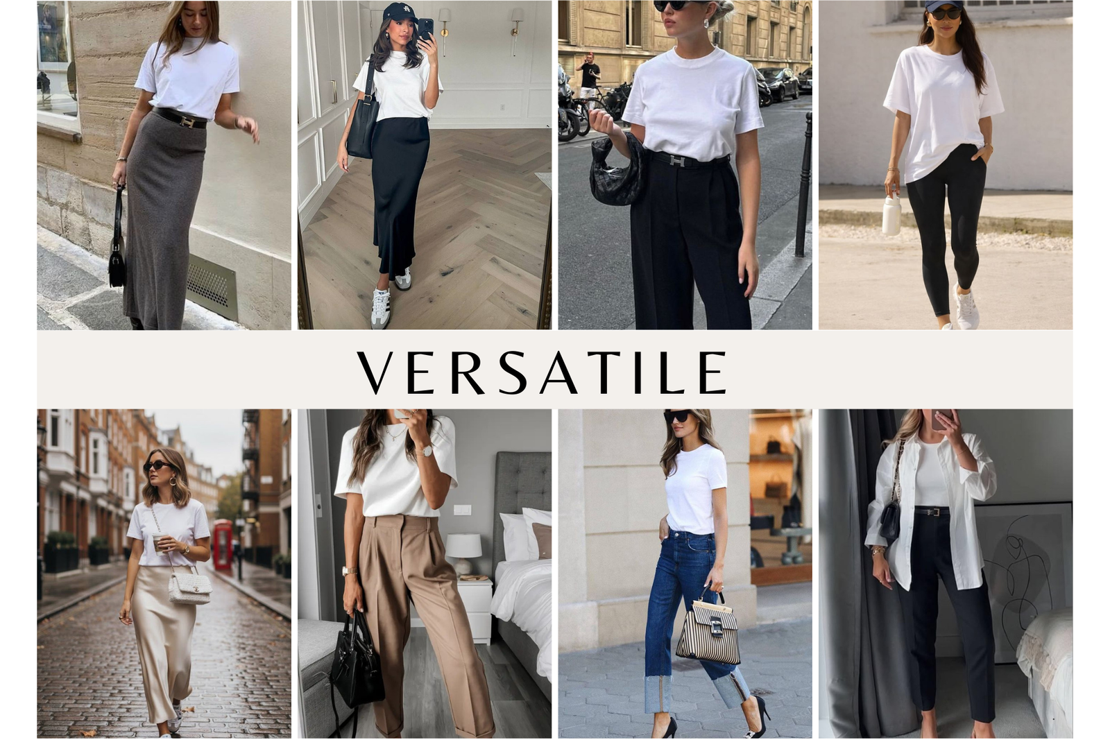 Collage di foto che illustrano outfit con la tshirt bianca perfetta