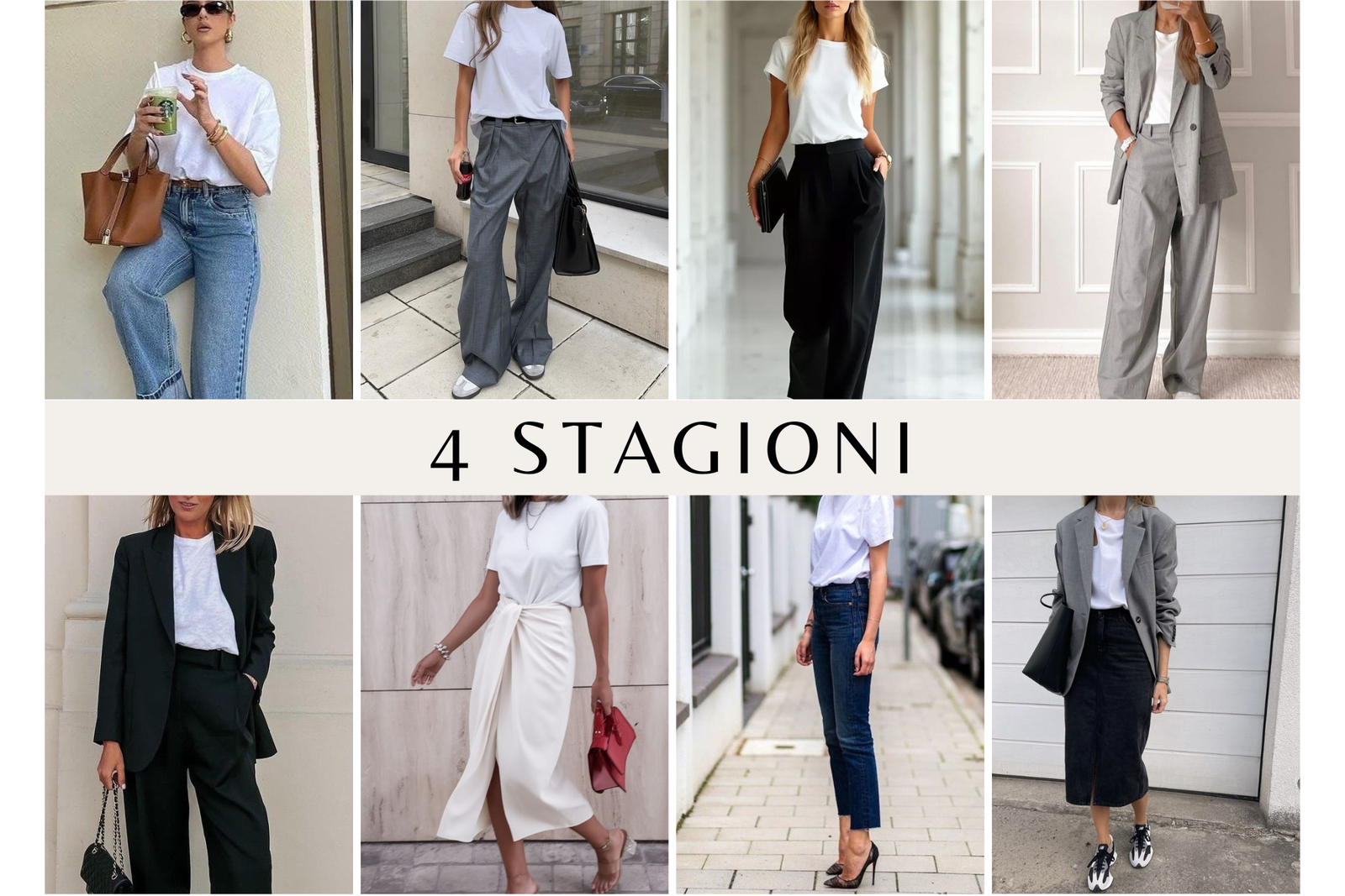 Collage di foto che illustrano outfit con la tshirt bianca perfetta