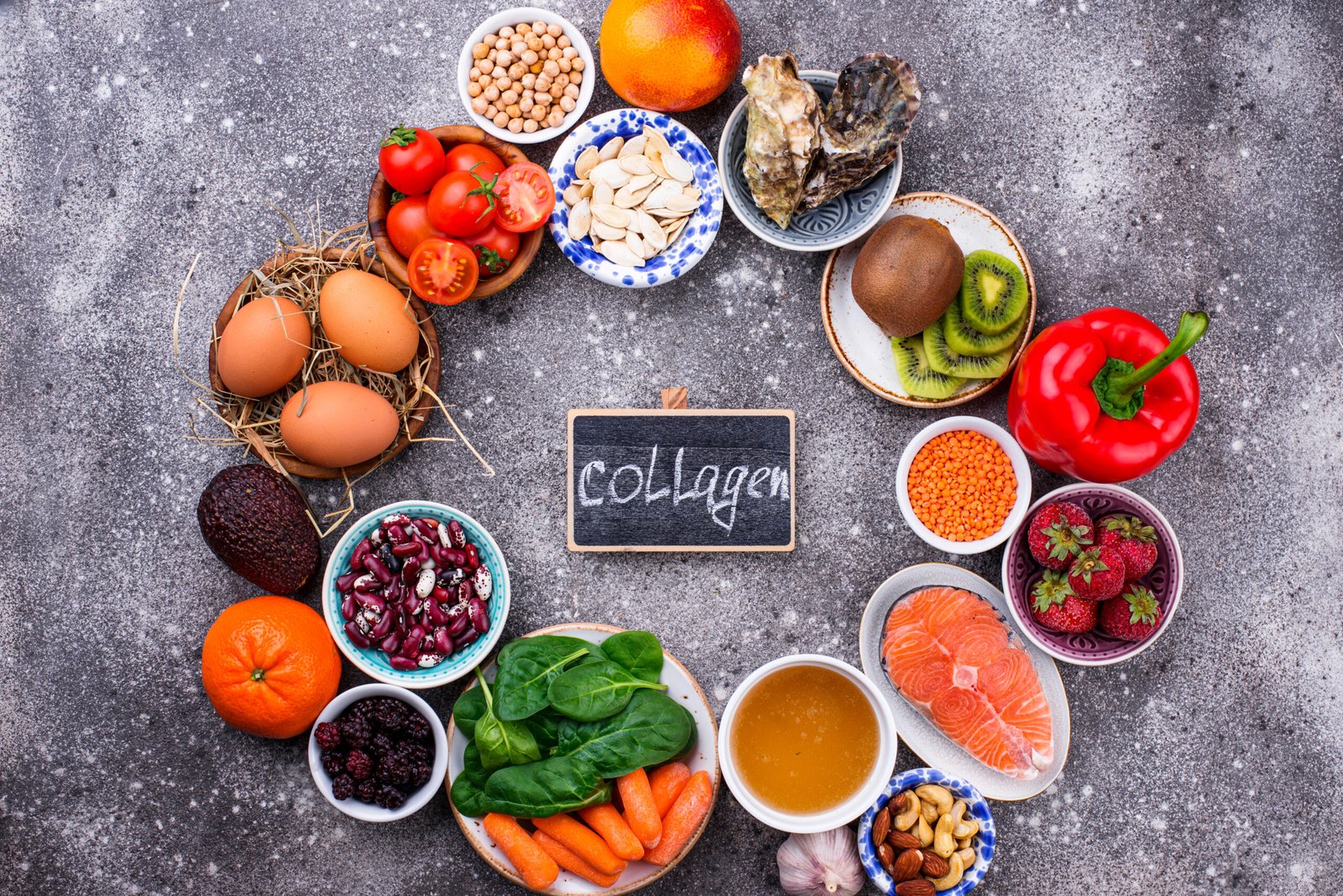 cibi che fanno bene alla pelle: Alimenti ricchi di collagene. Prodotti salutari per una pelle bellissima. Scritta collagene al centro dei prodotti mostrati intorno 