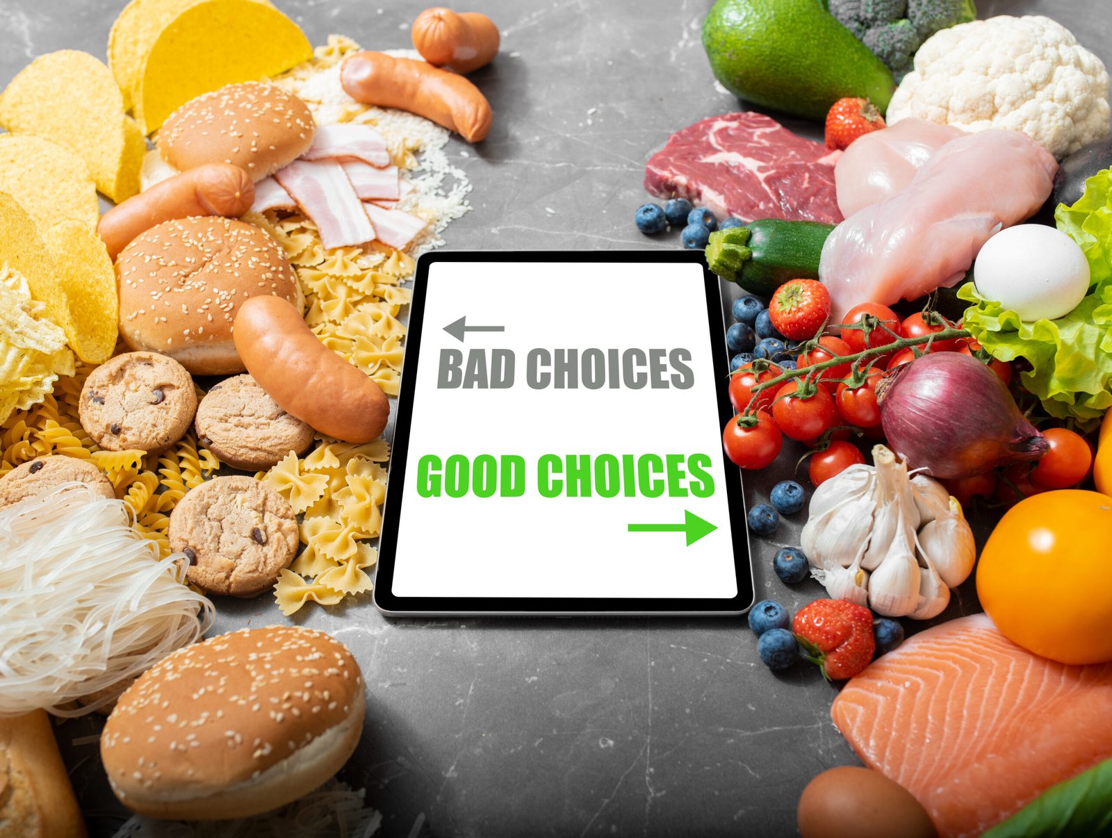 Cibi non salutari contro opzioni alimentari salutari e cibi che fanno bene alla pelle