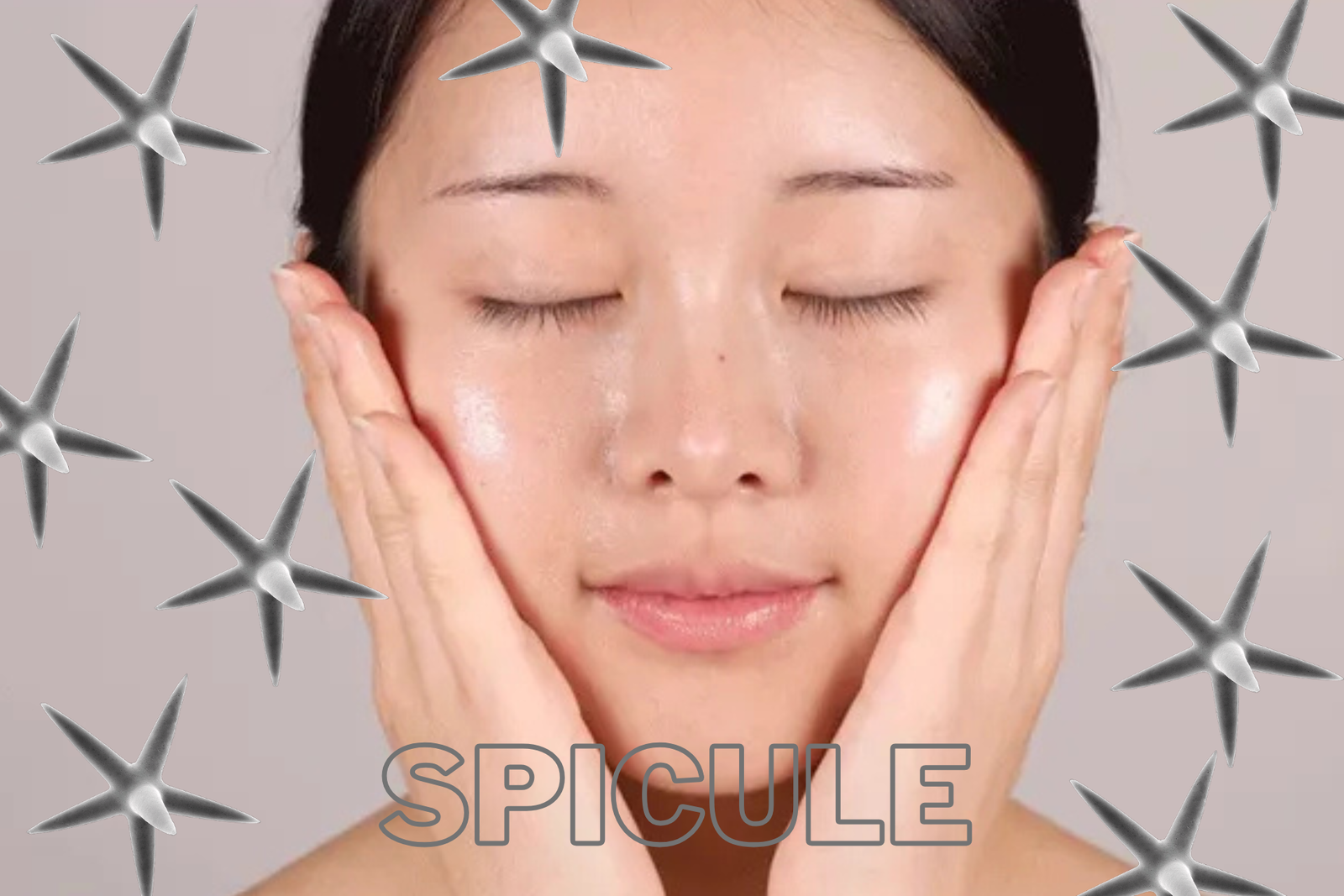 spicule- viso di giovane coreana circondato da spicule - siero viso con microaghi . microneedling liquido skincare coreana 