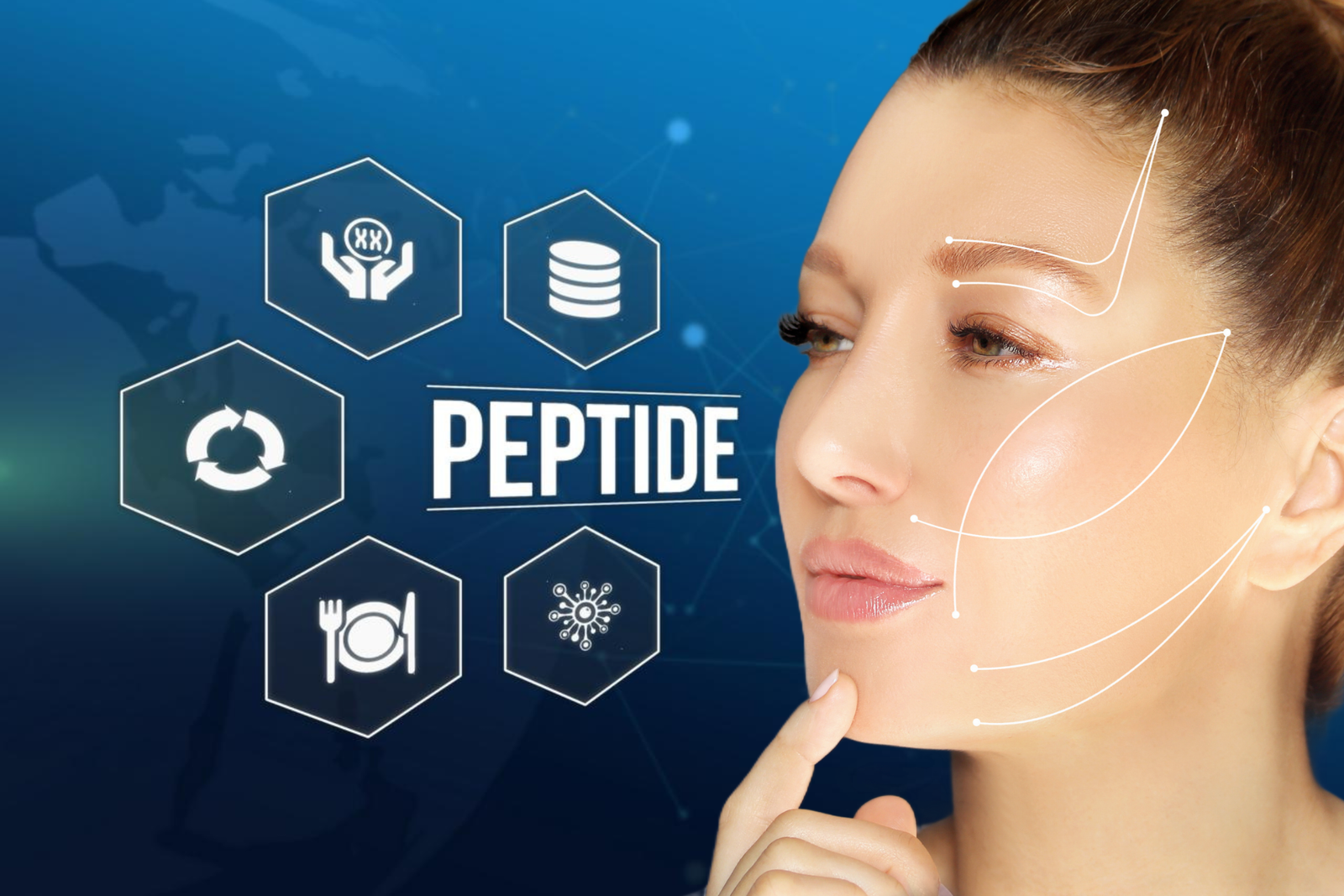 peptidi di rame scritta su sfondo blu e immagine di donna sullo sfondo per illustrare concetto di skincare antiage