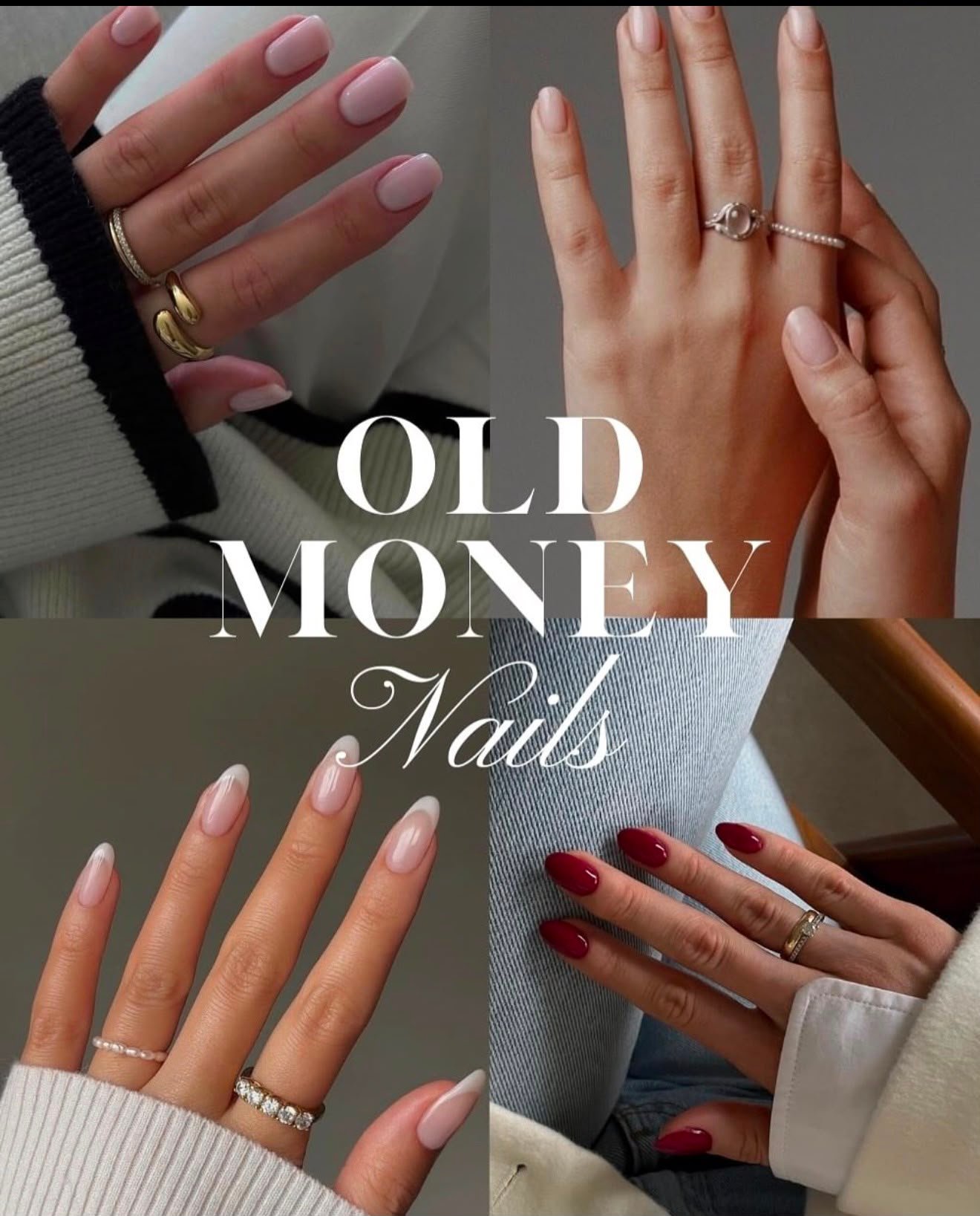 carrellata di 4 Manicure naturale per unghie corte con scritta old money nails