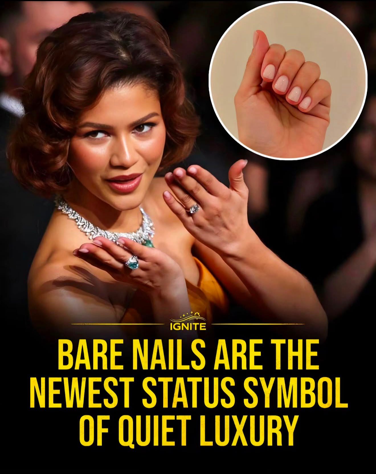  donna in abito da sera con Manicure naturale per unghie corte e scritta bare nails are the newest status symbol of quiet luxury