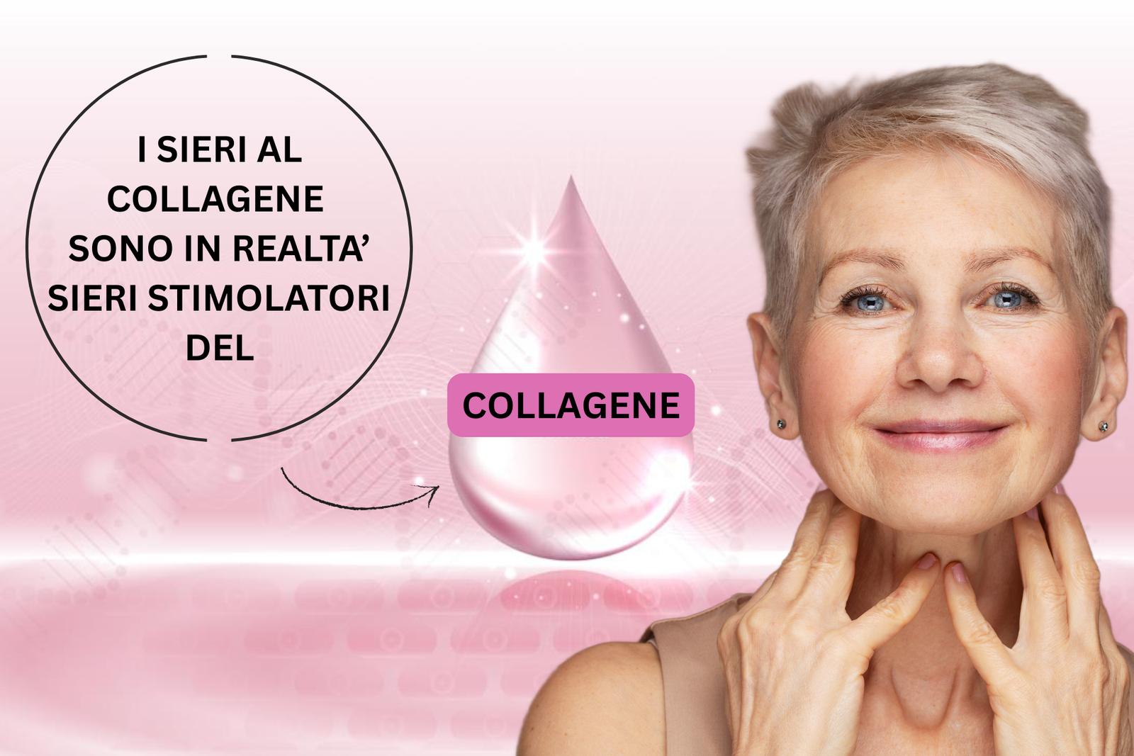 infografuca sui sieri al collagene. Primo piano a destra di donna matura su sfondo rosa e a sinistra grafica che illustra le proprieta dei sieri al collagene