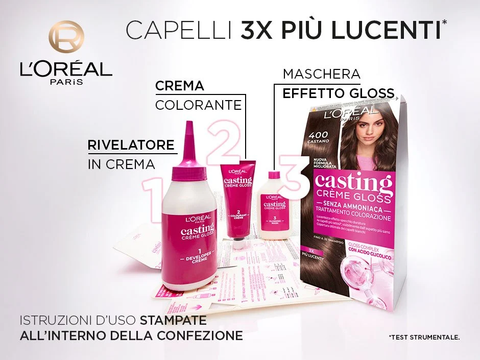 tema : Come usare Casting Crème Gloss - info grafica sulle caratteristiche del prodott con foto scatola e contneuto e scritte descrittive
